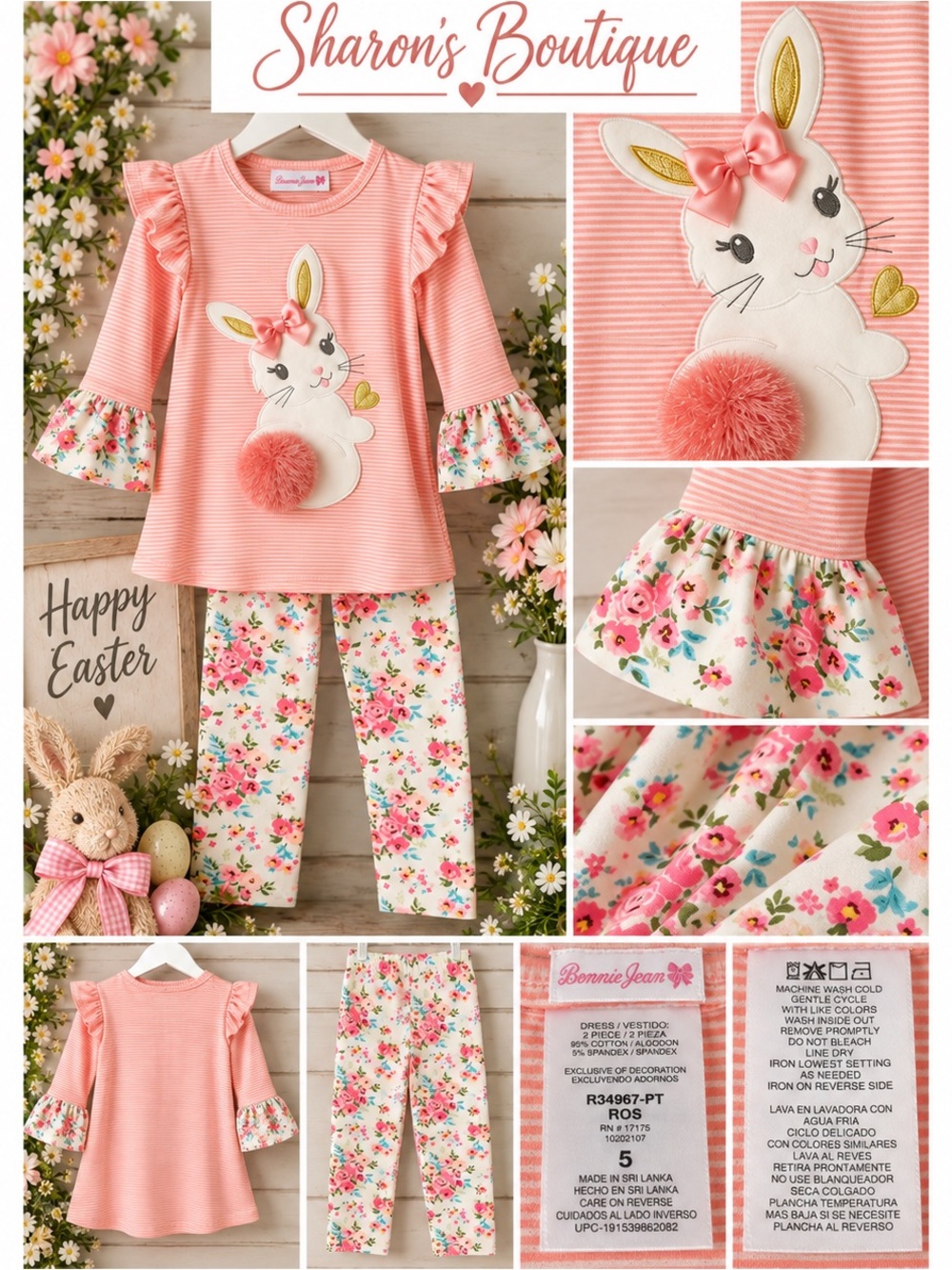 Bonnie Jean Girls 5 Easter Bunny Floral 2 Piece Tunic Leggings Set